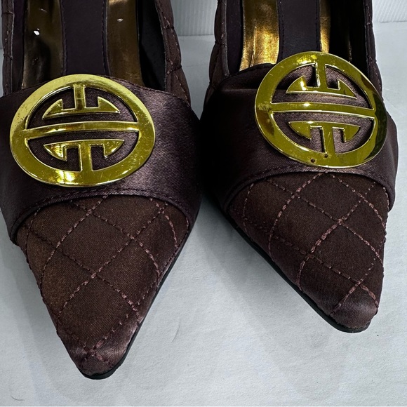 Annebelle Brown Soft Quilted Pumps Gold Emblem On Toe 3.5 Inch Heel S 9 - Picture 4 of 16